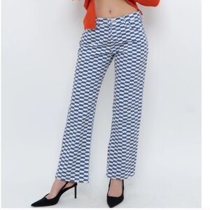 Lisa Says Gah Blue Ellis Checkered Jeans Geometric Wide-Leg Pants Blue White 8